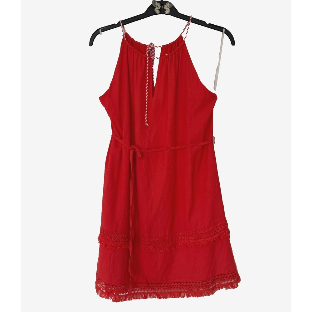 Niki biki Lavender Halter Mini Dress Large Red Embroidered Rayon Resort Summer